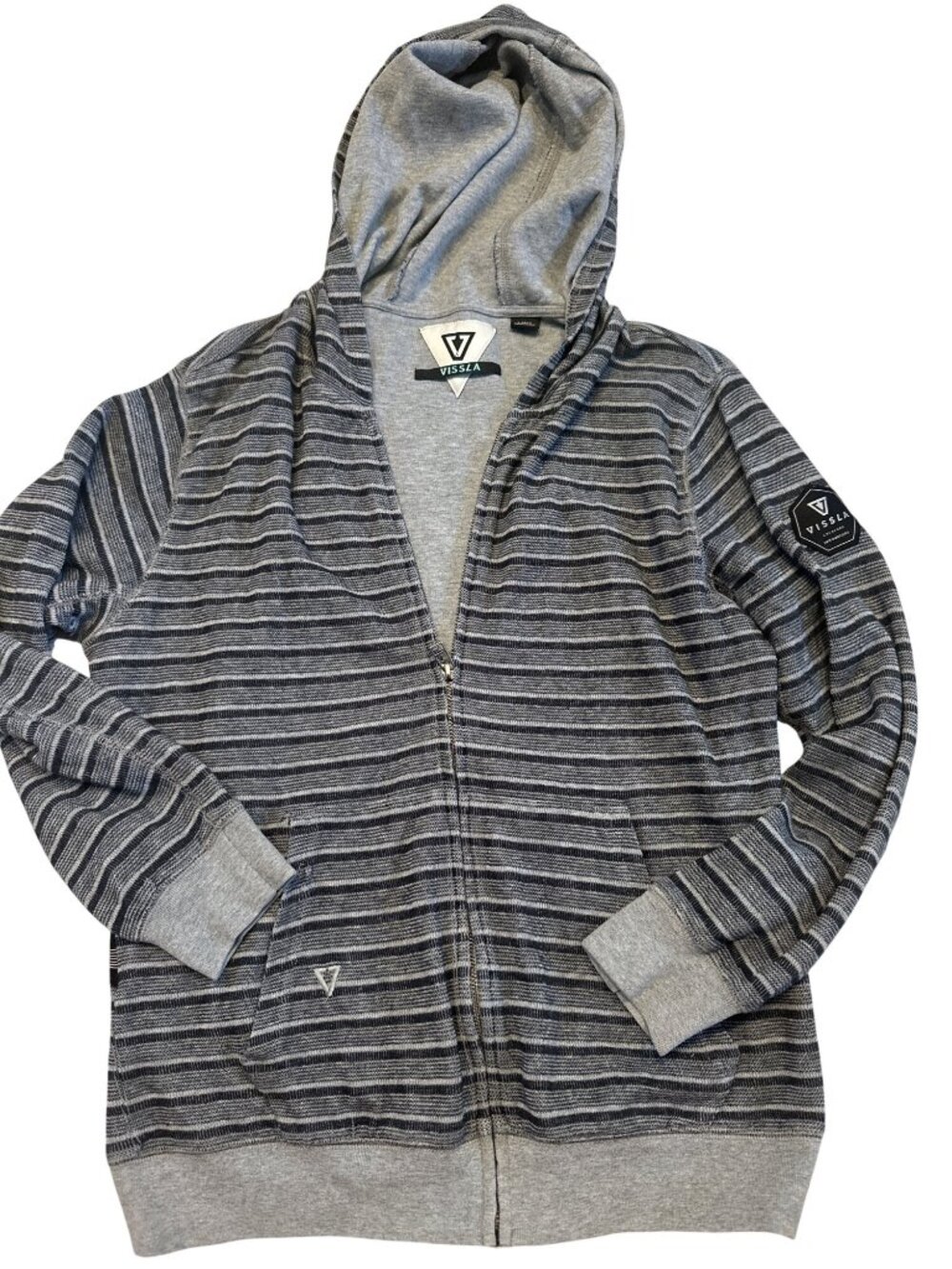 Mens Lg Gray & Navy Striped Zip-Up Hoodie 100% Cotton fitted Vissla casual
